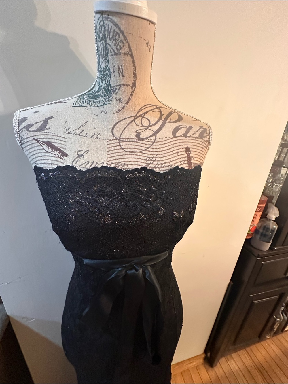 Charles Chang-Lima Strapless Black Lace Evening Dress with Satin Waist Bow